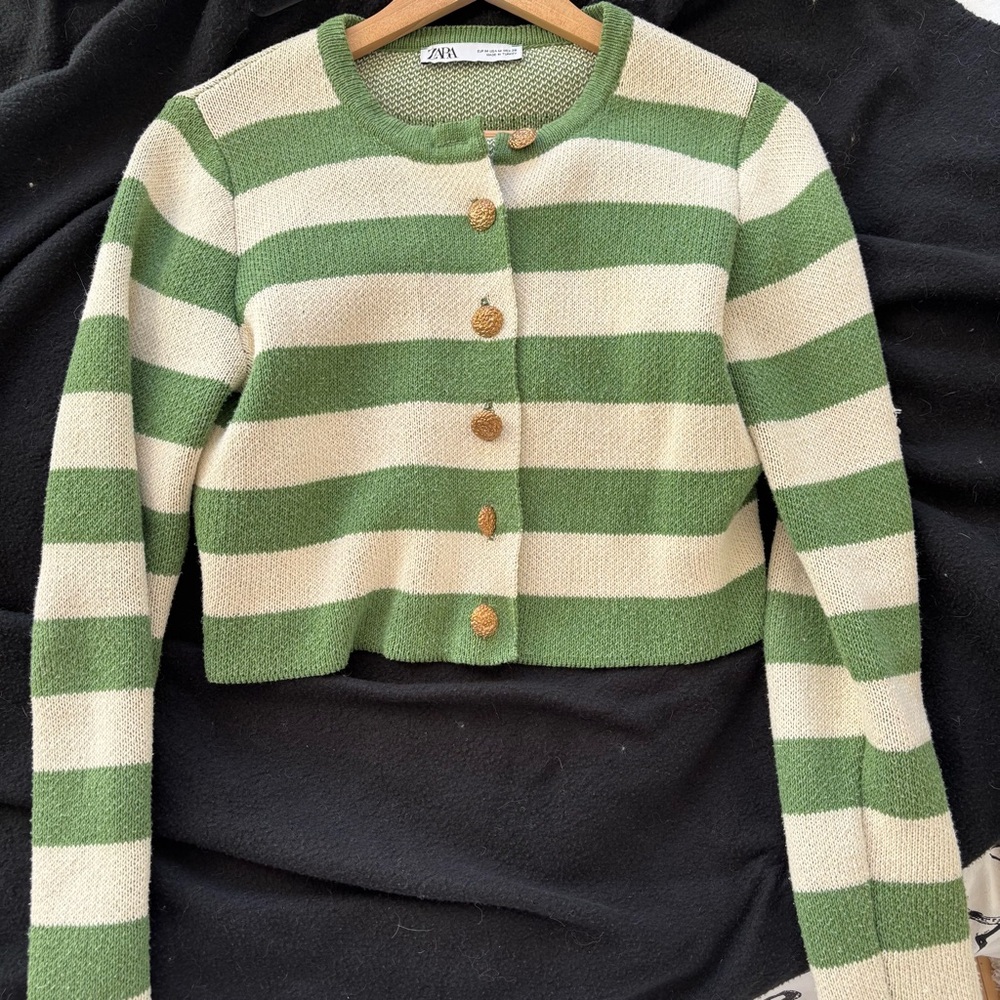 Zara Striped Green and Cream Cardigan